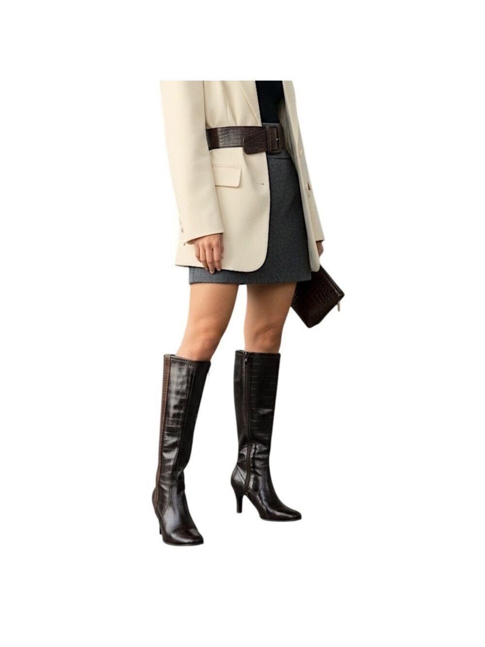 Old money brown faux patent leather tall knee high heeled boots 8